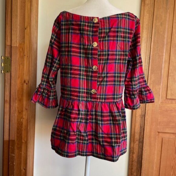 HALEY AND THE HOUND Red Plaid Flannel Peplum Ruffle Top with Gold Back Buttons M - Picture 9 of 15